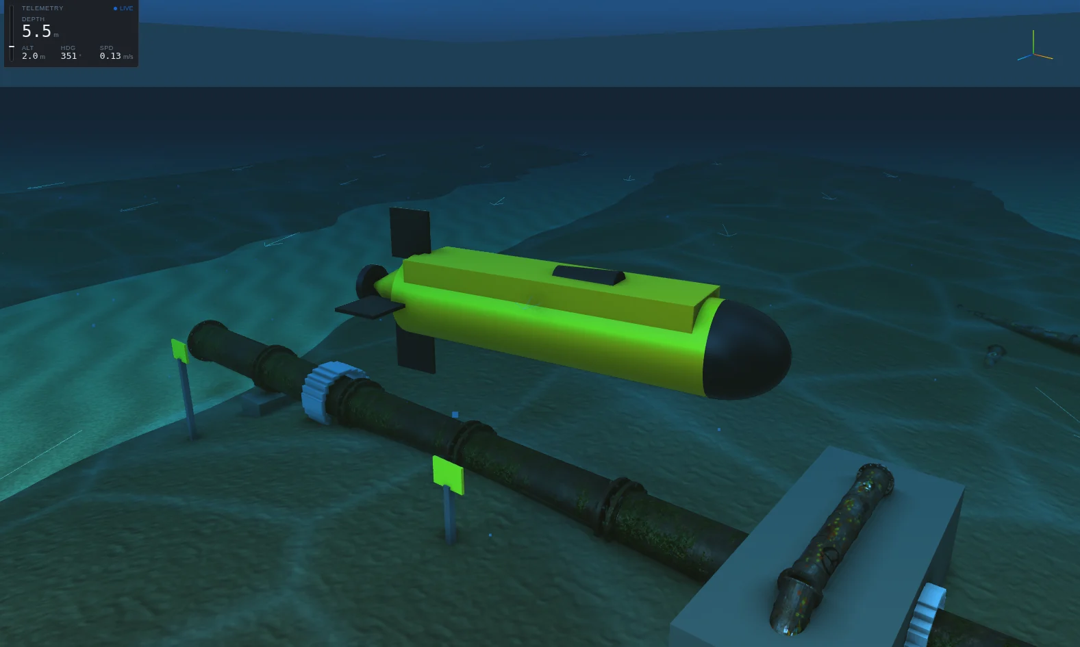 A large HUGIN-class AUV with a green hull flying low over a subsea pipeline with flange joints, marker posts and a concrete support.