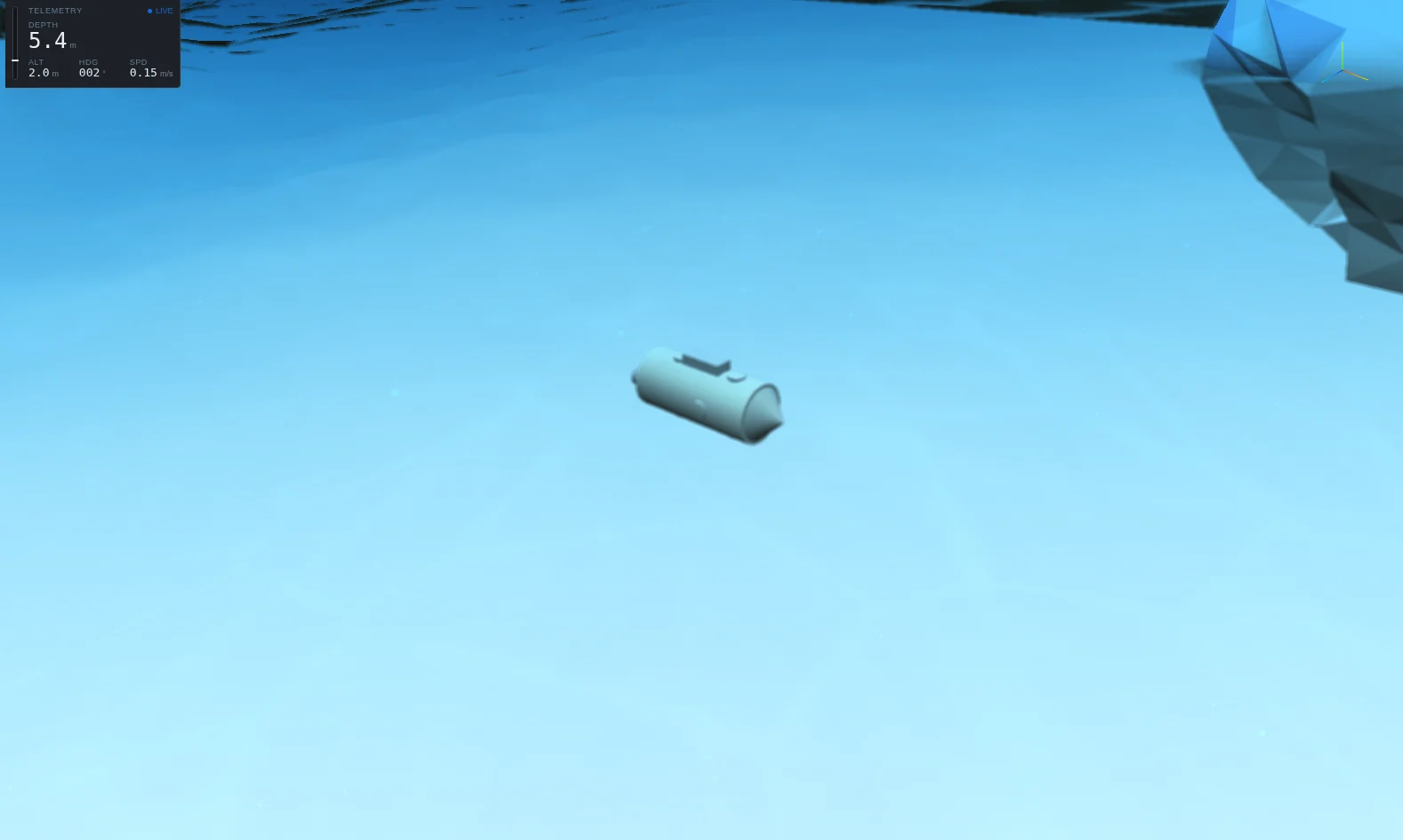 A hovering AUV in bright blue water beneath the ice canopy, with the edge of an ice keel at the right of the frame.