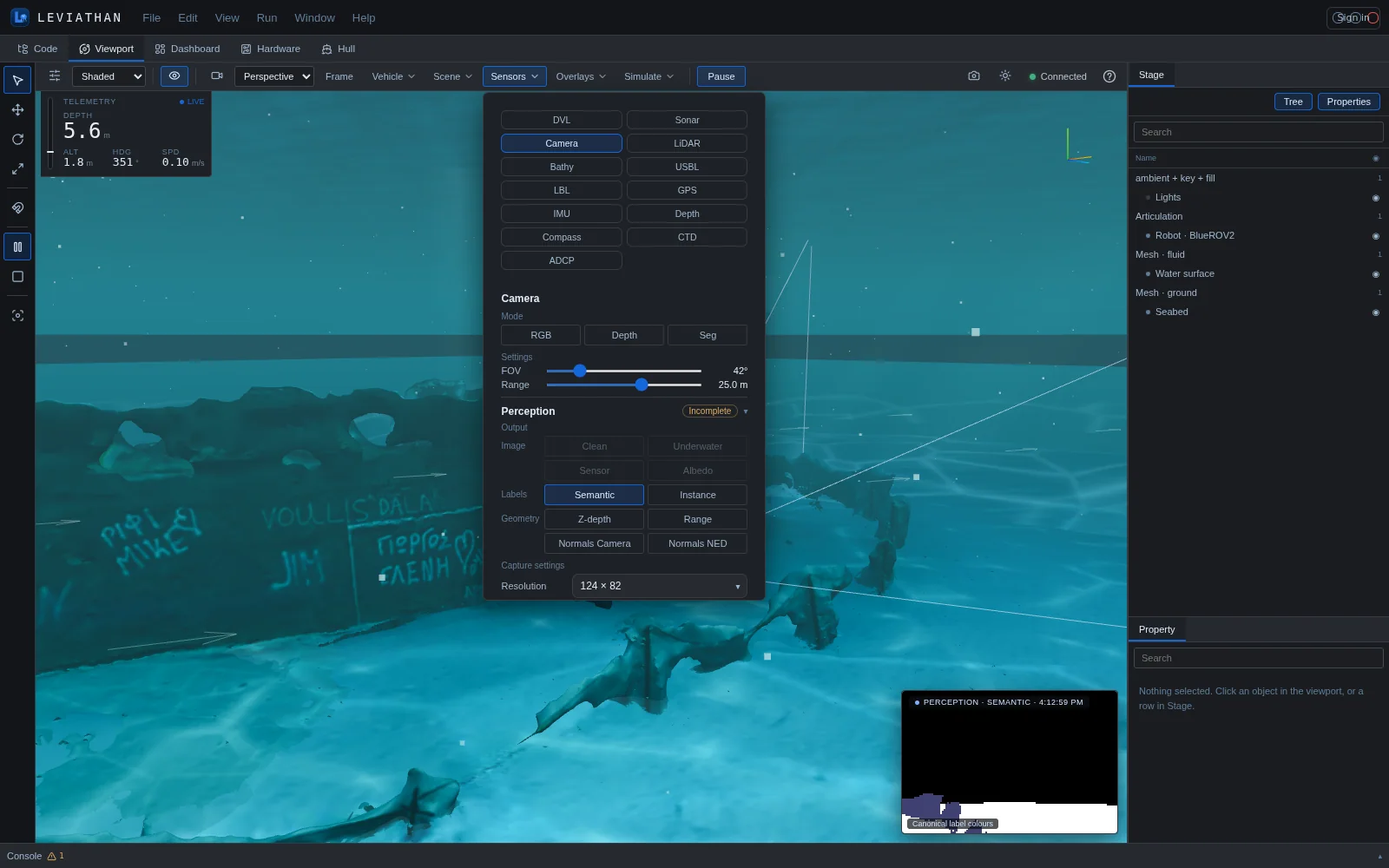 Viewport with the Sensors menu open: Camera mode buttons RGB, Depth and Seg, FOV and range sliders, the Perception section with Output buttons, Resolution and Capture; a camera frustum drawn from the vehicle toward a wreck and a semantic preview in the monitor.