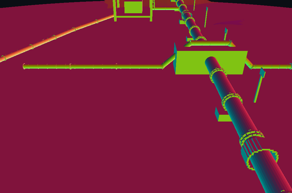 Surface normals in the camera frame: the seabed in one flat colour, the manifold top in another, and the cylindrical pipe shaded through a gradient of colours around its circumference.