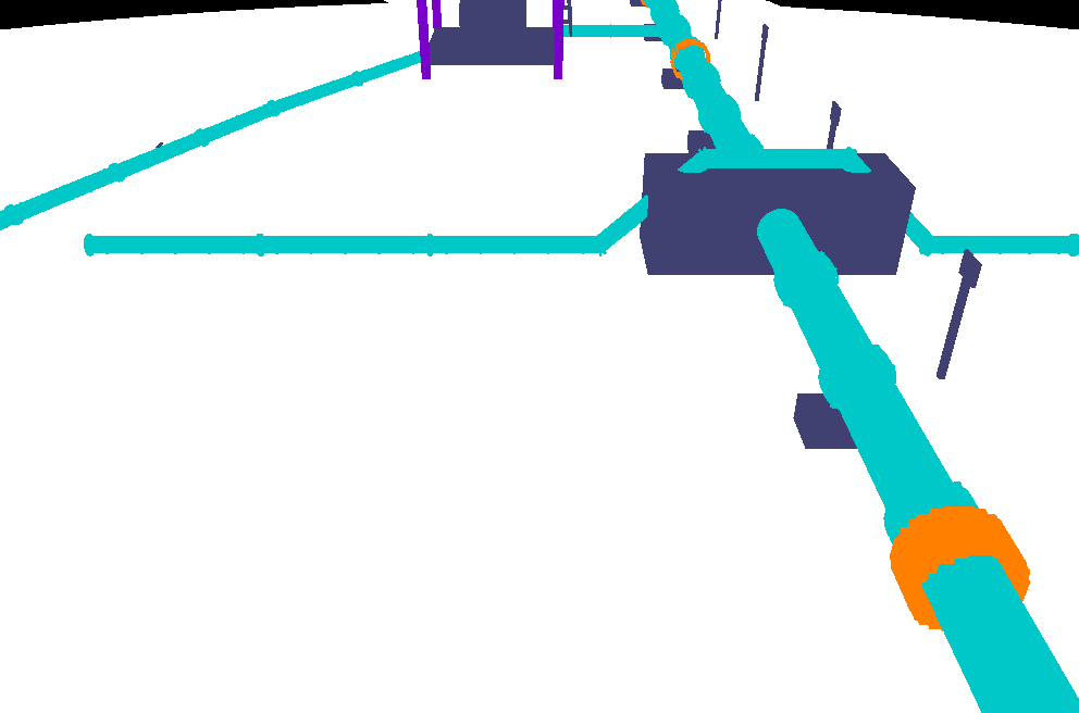 Semantic channel in canonical label colours: seabed white, pipe and flowlines cyan, an anode orange, and the manifold and other structure parts in their own label colours.