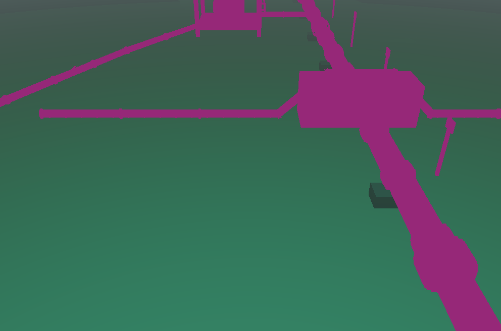 Underwater channel of the Pipeline capture: green seabed fading into a grey-green water veil toward the top, with the manifold, flowlines and pipe drawn in magenta where radiometry is invalid; the concrete pipe supports appear as dark, validly lit blocks.