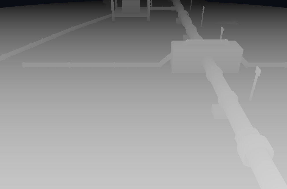 Z-depth channel from 0 to 30 m: near seabed and pipe white, fading to dark grey with distance, black beyond the camera range at the top.