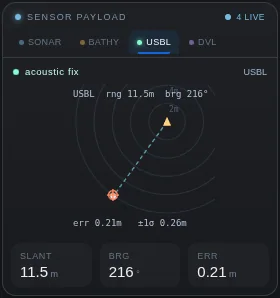 USBL payload card: a polar plot with the acoustic fix, slant range 11.5 m, bearing 216 degrees, error 0.21 m.