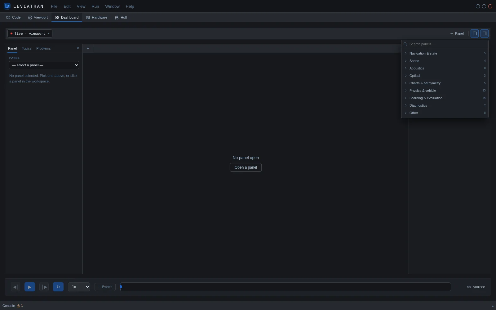 Dashboard with the panel picker open: a search box and groups Navigation and state, Scene, Acoustics, Optical, Charts and bathymetry, Physics and vehicle, Learning and evaluation, Diagnostics, and Other, each with its panel count.