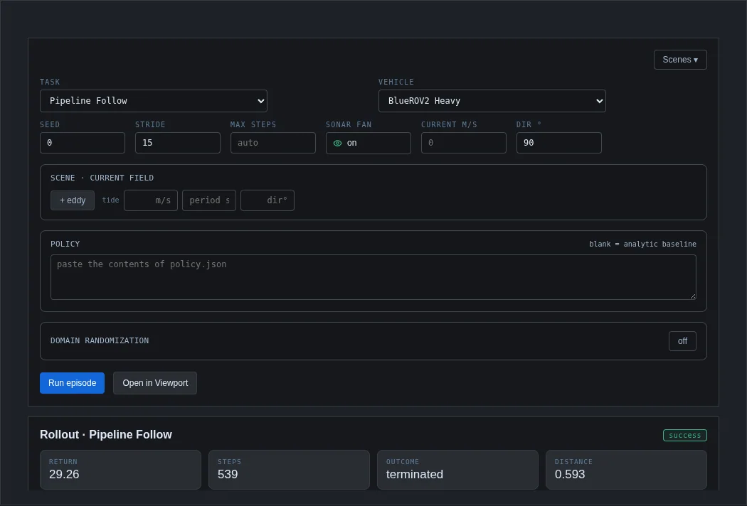 Reinforcement learning panel: task Pipeline Follow, vehicle BlueROV2 Heavy, scene and policy settings, and a rollout summary reading success, return 29.26, 539 steps.