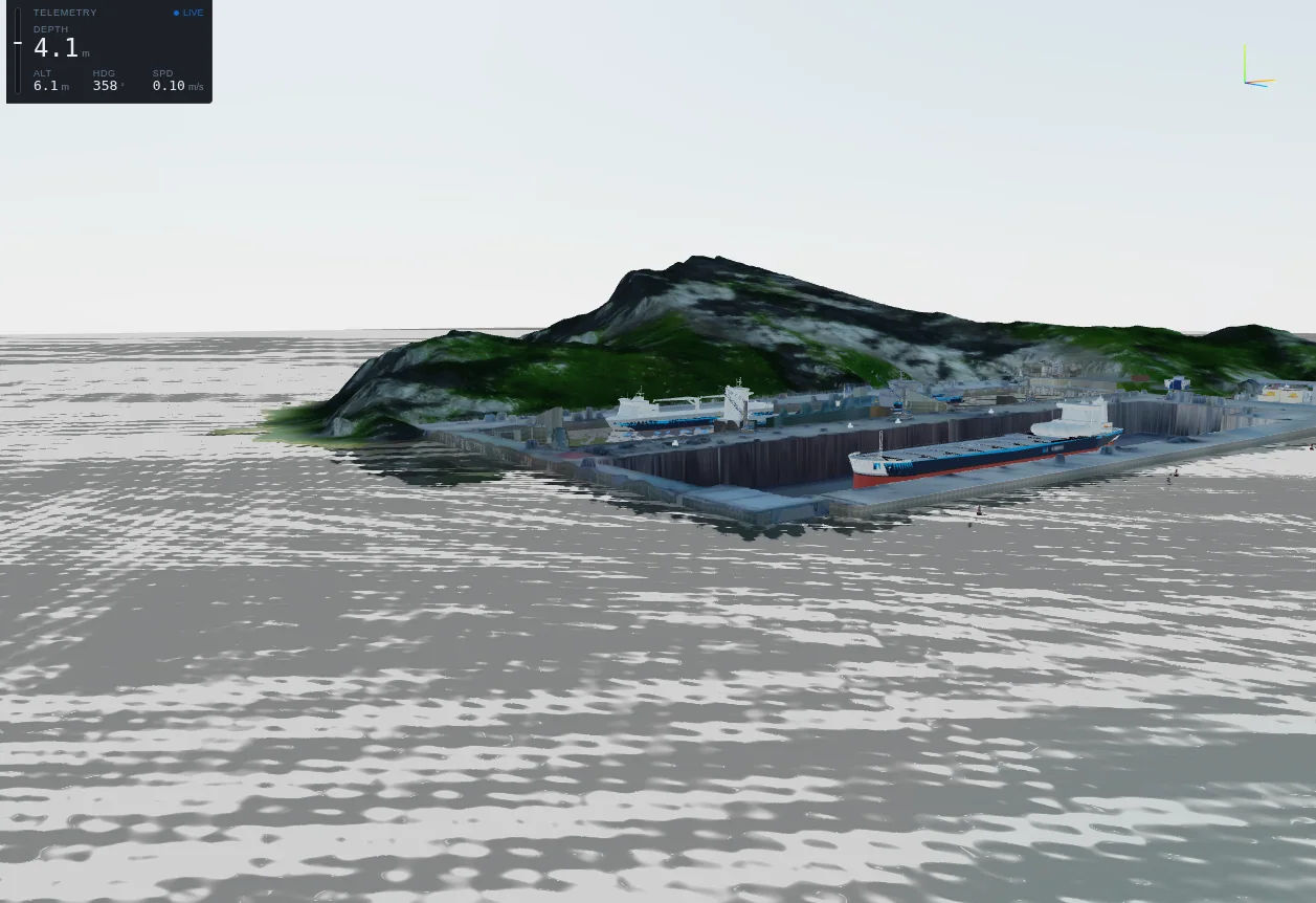 Harbour scene seen from above the water: a mountainous island with quays, a dock basin and moored ships.