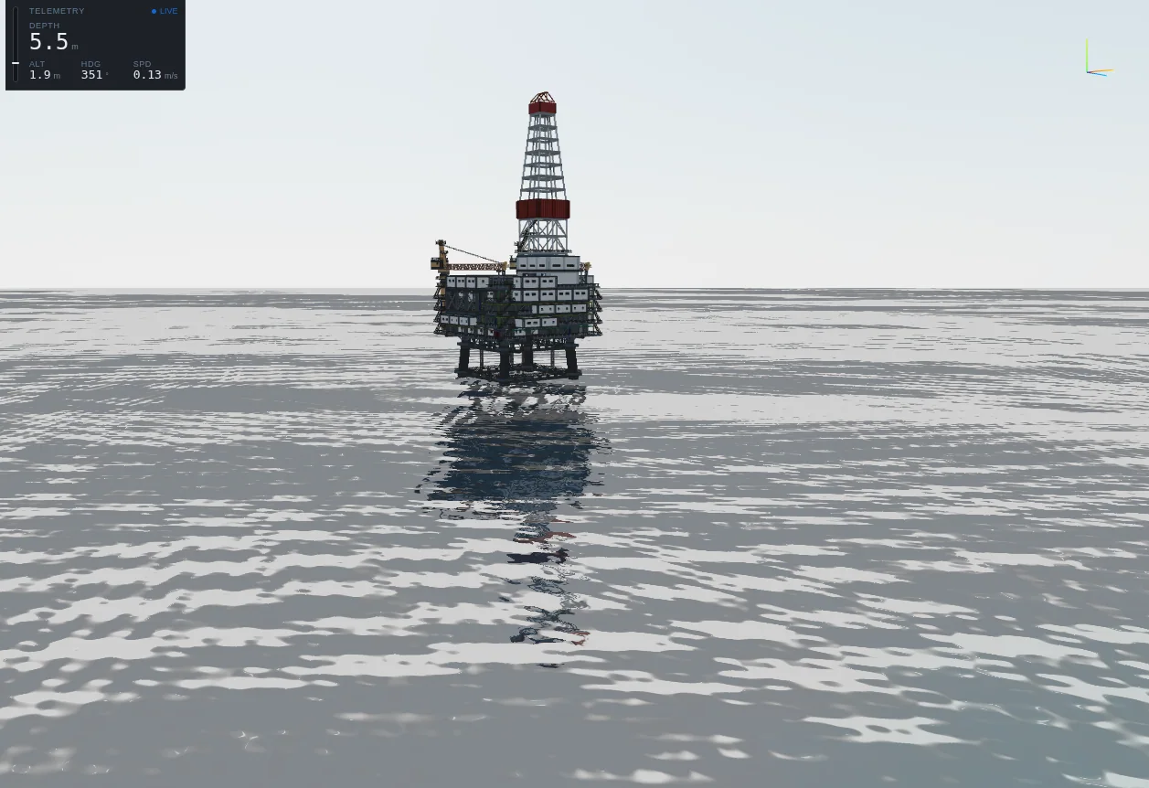 Offshore oil rig scene: a fixed-jacket platform standing in open water.