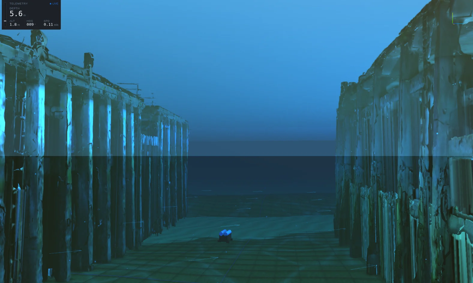 Pier / Quay scene: two scanned timber piers either side of a channel.