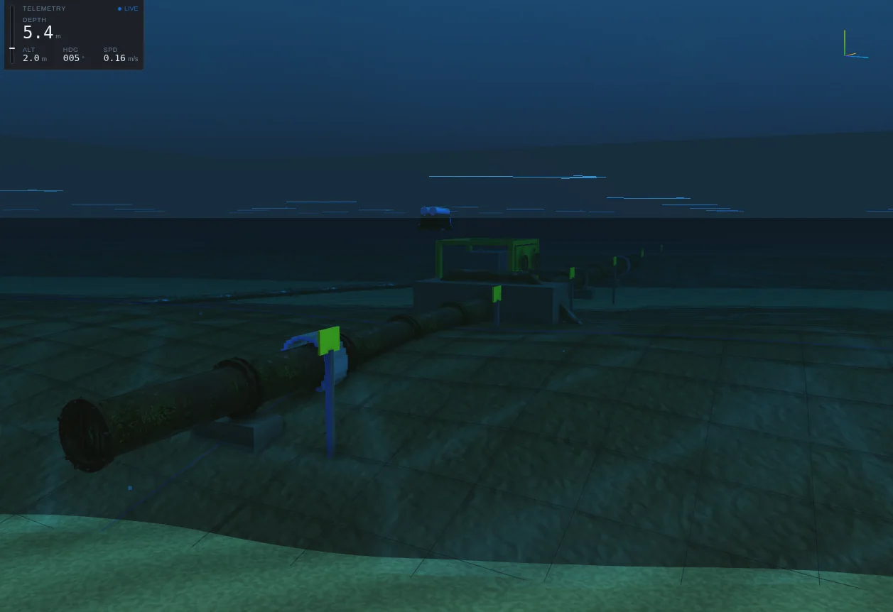 Pipeline scene: a flanged pipeline crossing the seabed toward a manifold.