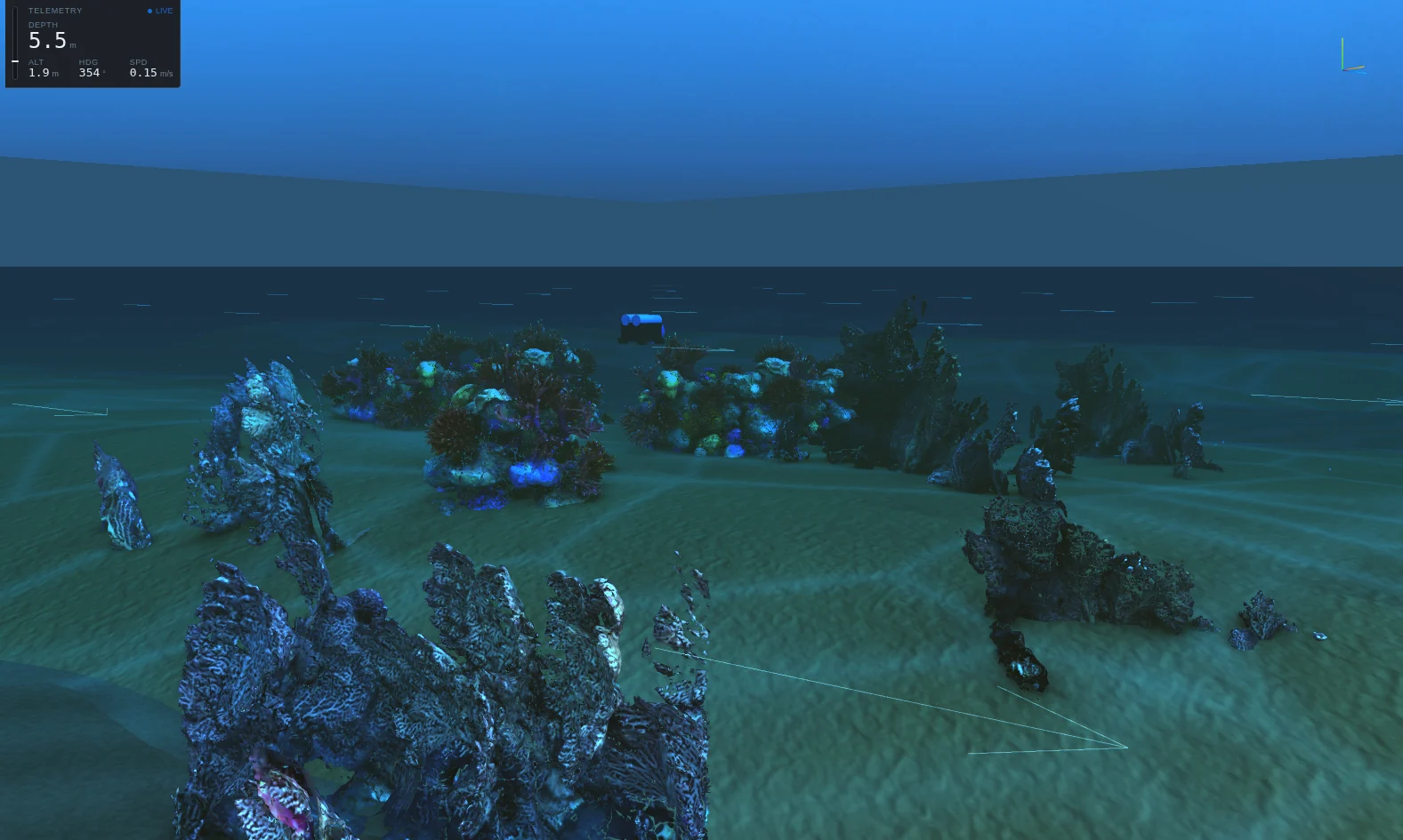 Coral Reef scene: scanned coral formations on a sandy seabed.