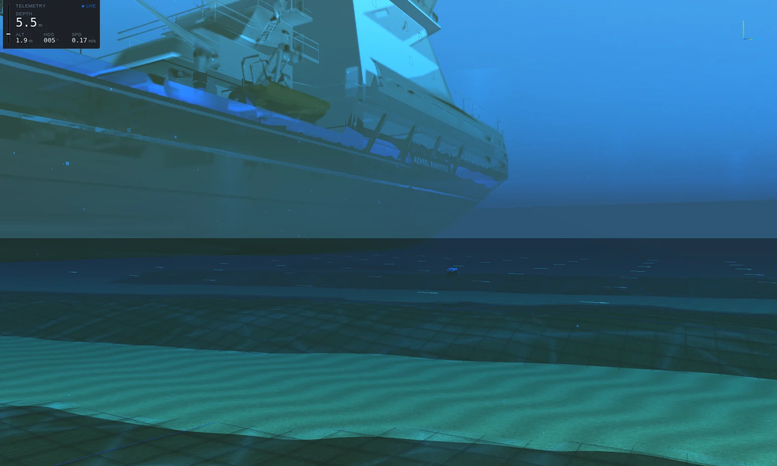 Ship Hull scene: the side of the icebreaker hull seen from below the waterline, above a sandy seabed.