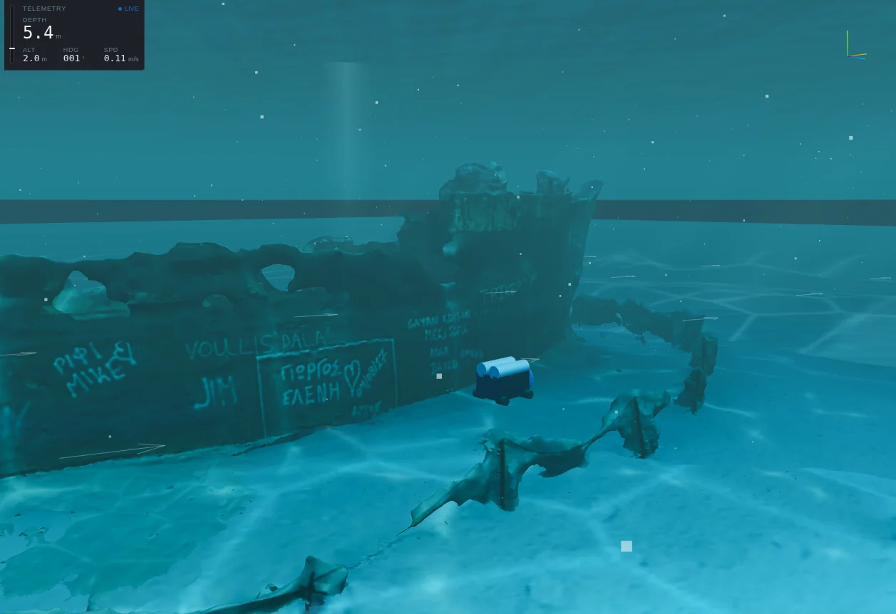 Shipwreck scene: the scanned hull of the MV Panagiotis wreck in clear blue water.