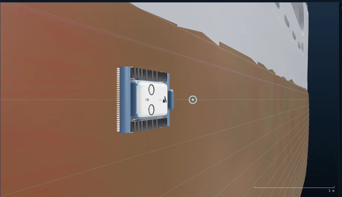 Follow view of an HC-1 hull crawler, a flat tracked robot, working on the fouled underwater hull plating of the ship, with a 1 m scale bar at lower right.