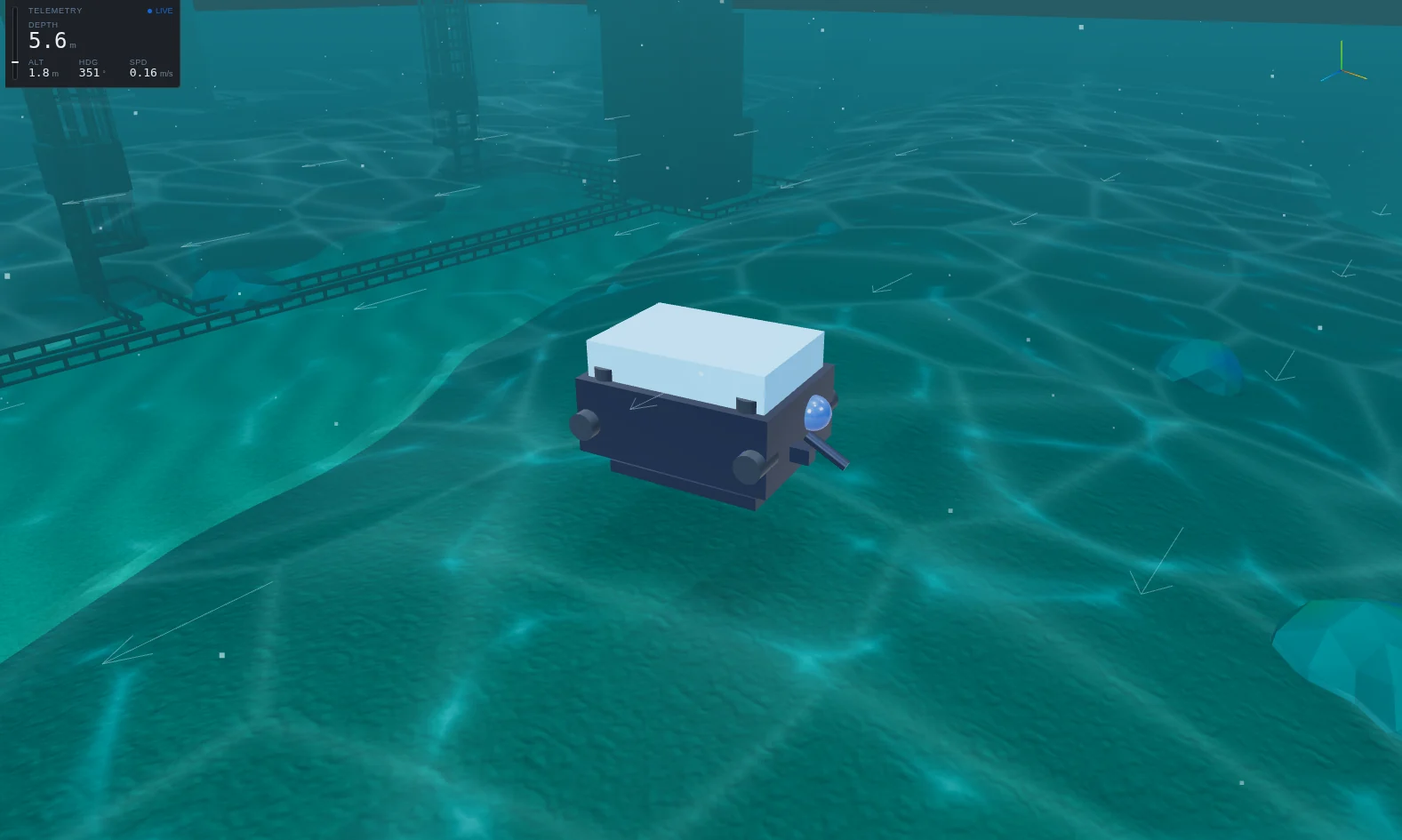 A work-class ROV with a white flotation block hovering in open water among the legs and bracing of an offshore platform jacket.