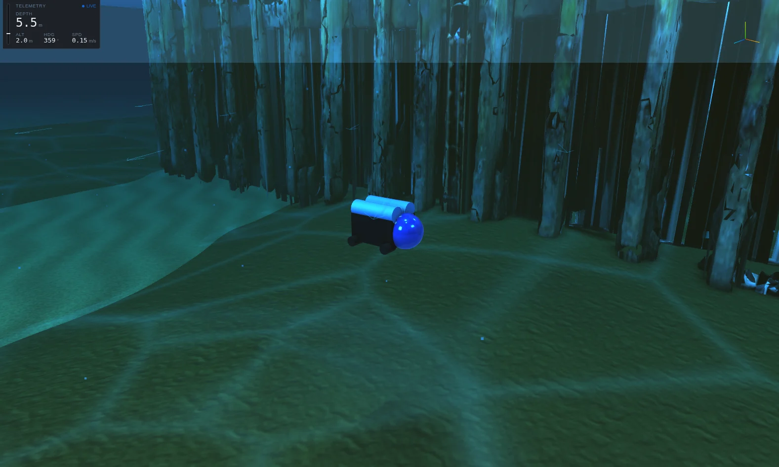 A BlueROV2 hovering above the seabed in front of a dense row of scanned timber pier piles.
