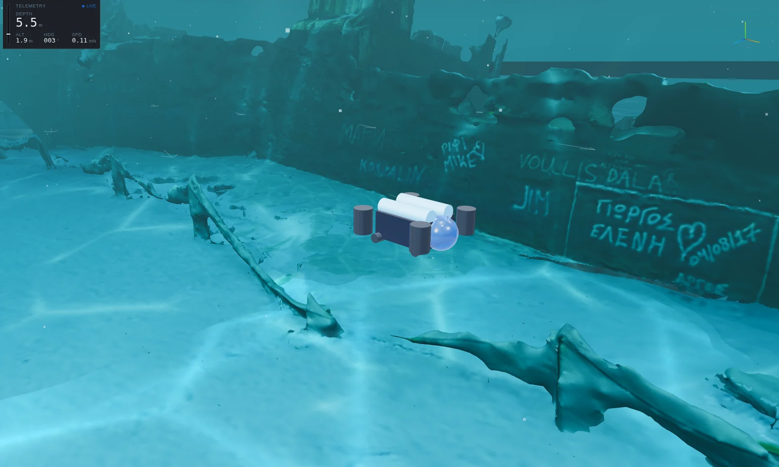 A BlueROV2 Heavy hovering beside the hull of the MV Panagiotis wreck on a pale sandy seabed, with broken hull plating in the foreground.