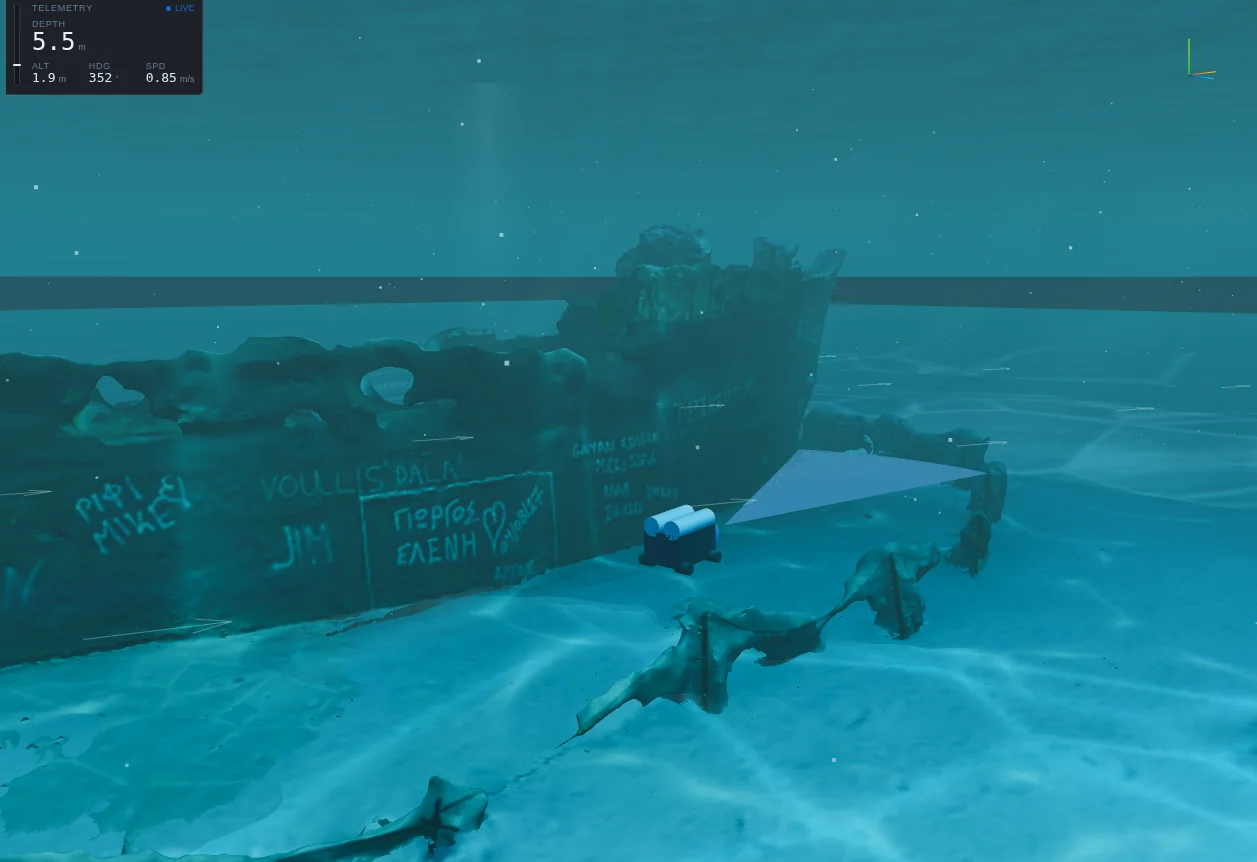 A ROV beside a shipwreck with a translucent blue imaging-sonar fan projecting forward from the vehicle.