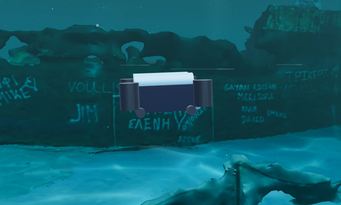 Side view of the BlueROV2 Heavy model: an open-frame ROV with white buoyancy tubes and thruster pods at the corners of a dark frame.