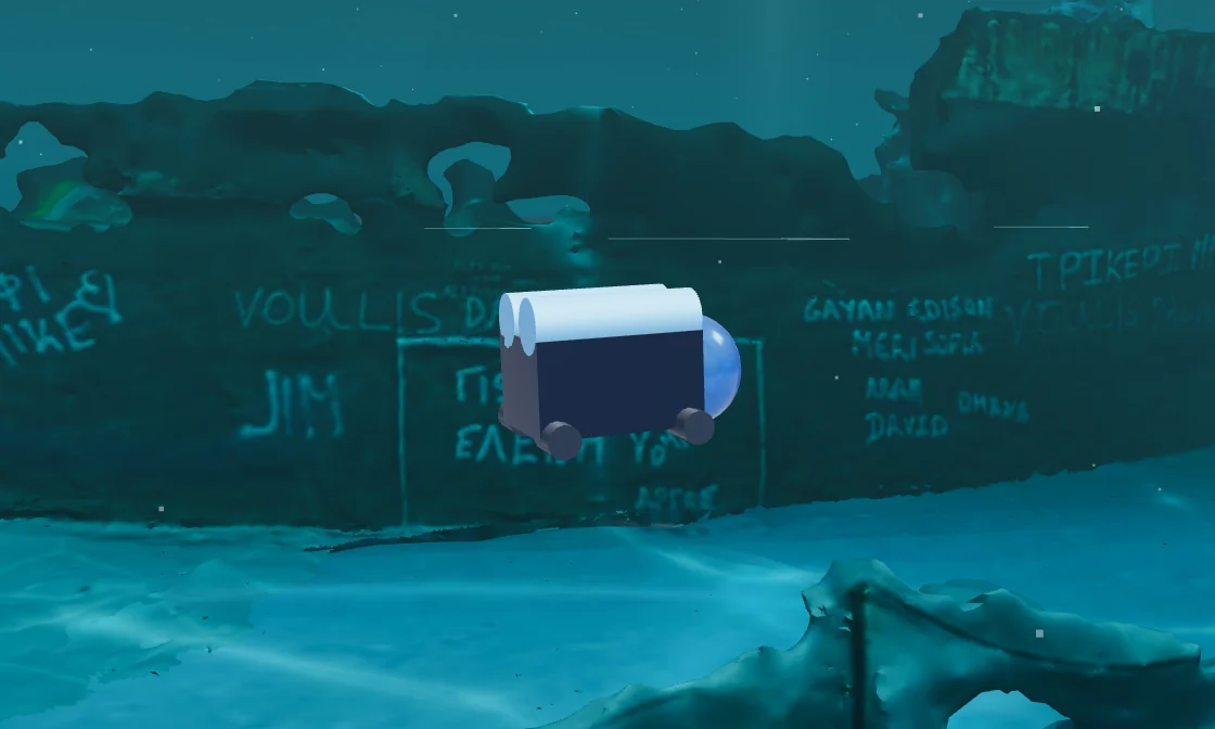 Side view of the BlueROV2 model beside the Shipwreck: a compact open-frame ROV with white buoyancy tubes, a dark frame and a clear camera dome at the front.