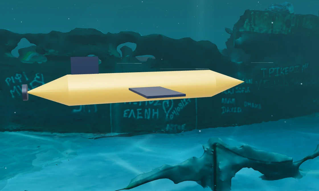 Side view of the underwater glider model: a slim hull with pointed ends, a mid-body wing, a tail fin and a rear propeller.