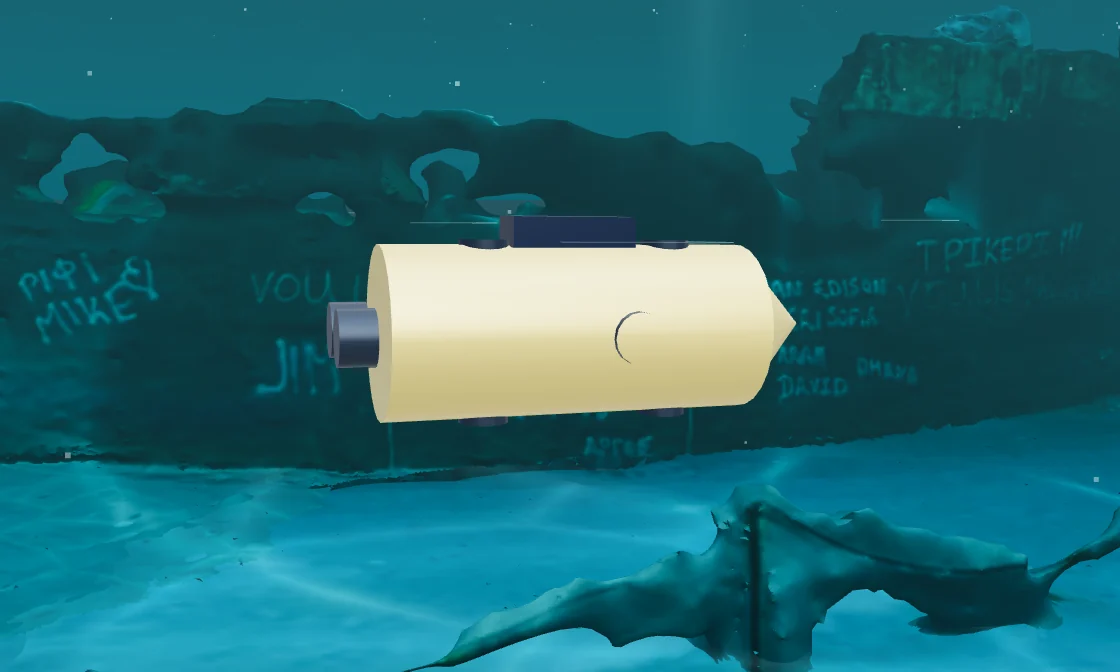Side view of the hovering AUV model: a stubby cylindrical hull with a conical nose, a top fairing and a rear thruster.