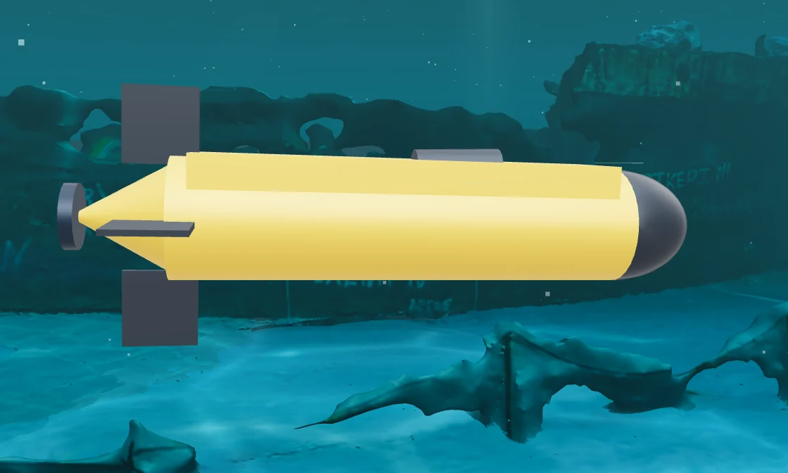Side view of the HUGIN-class model: a long cylindrical survey AUV with a rounded dark nose, a small dorsal fairing and tail fins.
