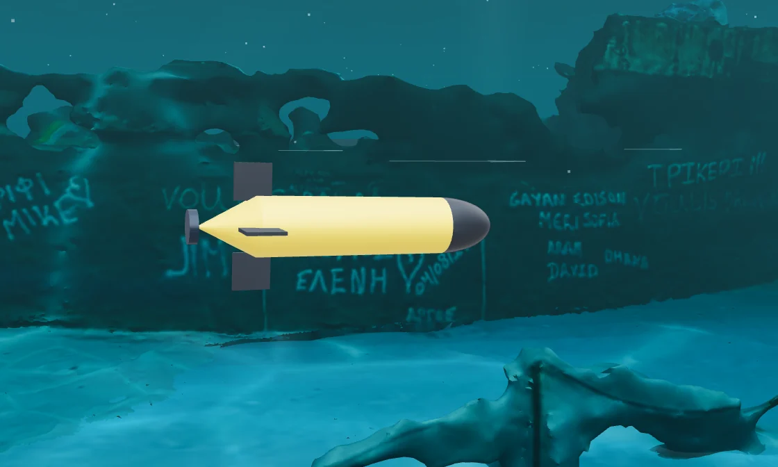 Side view of the REMUS-100-class model: a short cream torpedo hull with a dark nose, tail fins and a rear propeller.