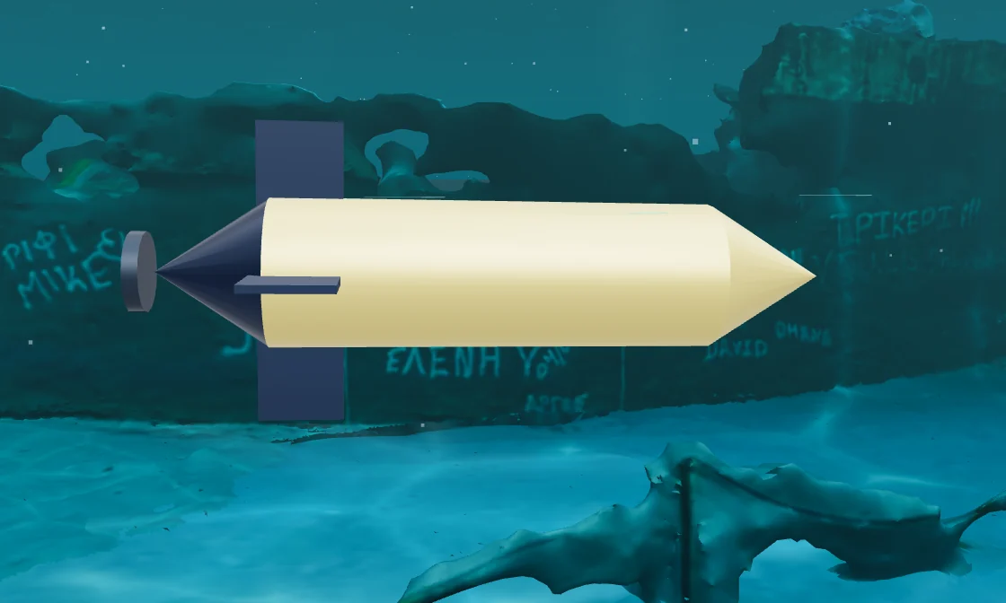 Side view of the torpedo AUV model: a slender cream hull with pointed ends, cruciform tail fins and a rear propeller.