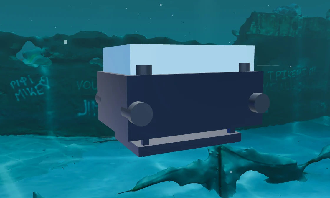 Side view of the work-class ROV model: a large box-shaped vehicle with a pale flotation block on top, a dark frame, side thrusters and a skid underneath.