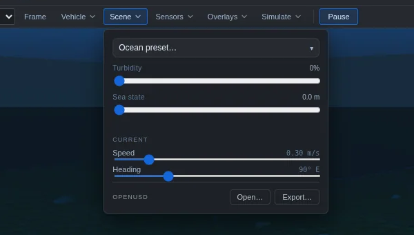 The Scene menu open: an ocean preset selector, turbidity and sea-state sliders, current speed and heading, and OpenUSD Open and Export buttons.