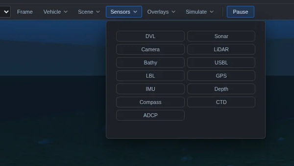 The Sensors menu open: a grid of toggles for DVL, Sonar, Camera, LiDAR, Bathy, USBL, LBL, GPS, IMU, Depth, Compass, CTD and ADCP.