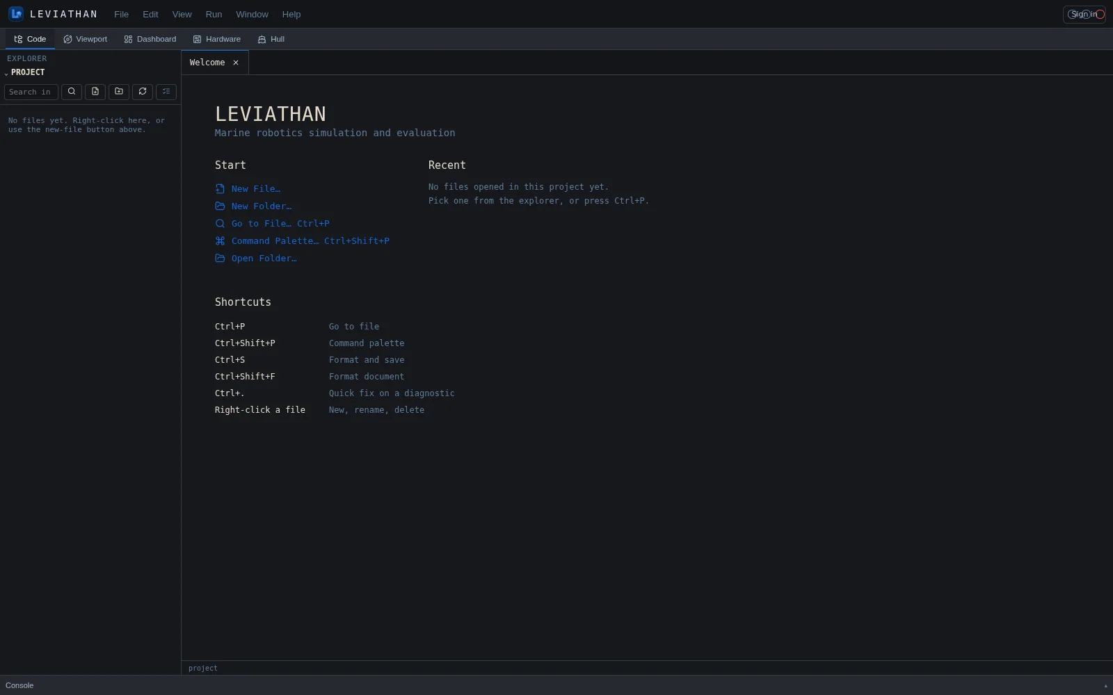 Code workspace welcome tab: Start actions for New File, New Folder, Go to File, Command Palette and Open Folder, and a list of keyboard shortcuts.