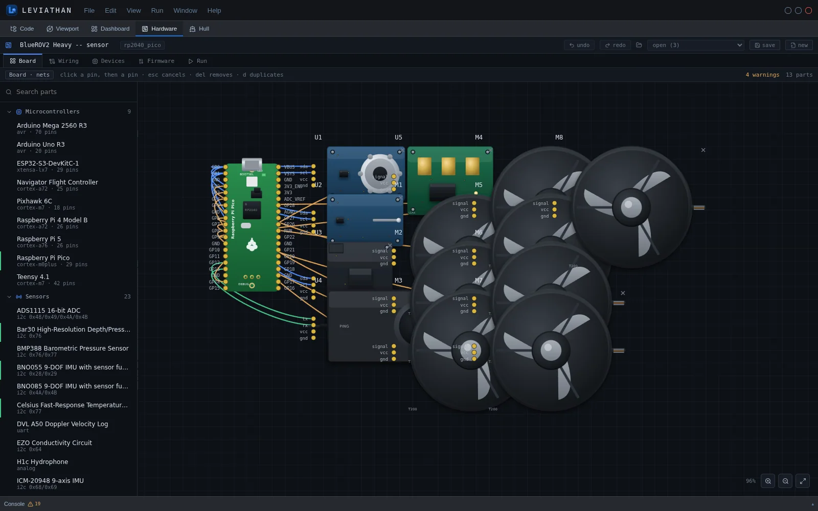Board tab: the parts library on the left and a wiring canvas where a Raspberry Pi Pico is wired to a Bar30 depth sensor, a Celsius temperature sensor, a BNO055 IMU, a Ping echosounder, a leak sensor and eight T200 thrusters.