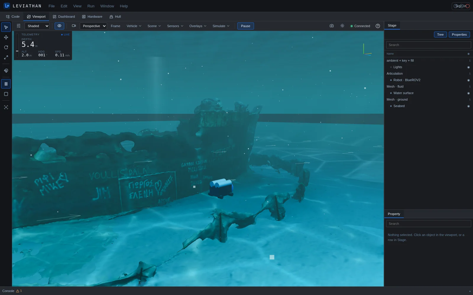 Viewport workspace: toolbar with Shaded, Perspective, Frame, Vehicle, Scene, Sensors, Overlays and Simulate menus above a 3D view of a vehicle beside a wreck; Stage tree and Property panel on the right.